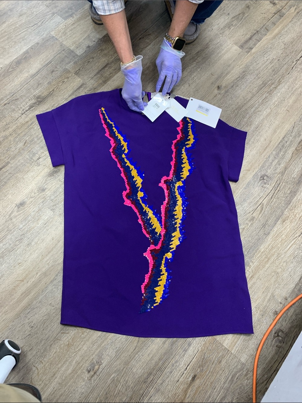 Peter Pilotto Purple Short Sleeve Tunic with Pink Blue Yellow Sequin Accents
